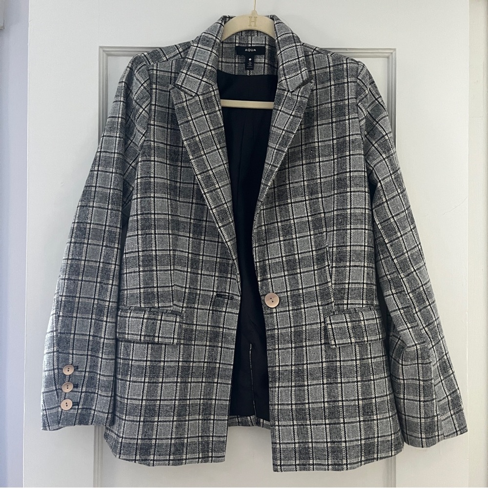 Aqua Black and White Plaid Blazer